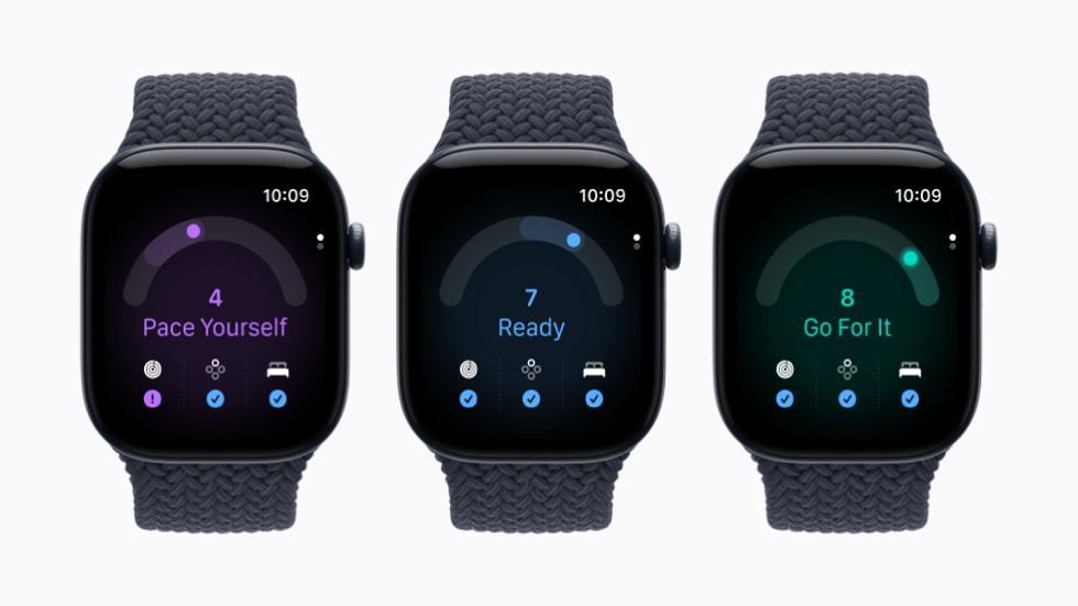 Ba thiết bị Apple Watch Series 12 hiển thị điểm số sẵn sàng: Giữ Nhịp Độ, Sẵn Sàng hoặc Bắt Đầu Thôi.