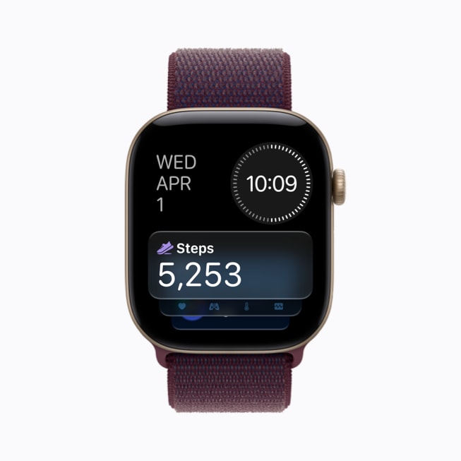 Apple Watch Series 12 hiển thị tổ hợp Bước, với hình ảnh một đôi giày và số bước là 5.253.
